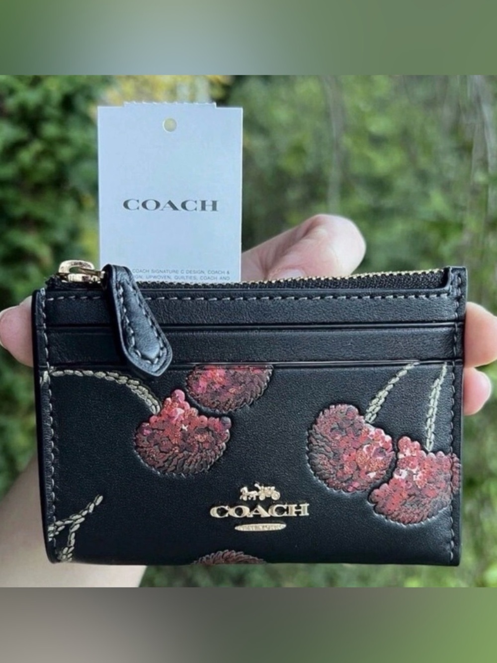 COACH Mini Skinny Id Case Cardholder Keychain Wallet w Cherry Print CDF83 NWT